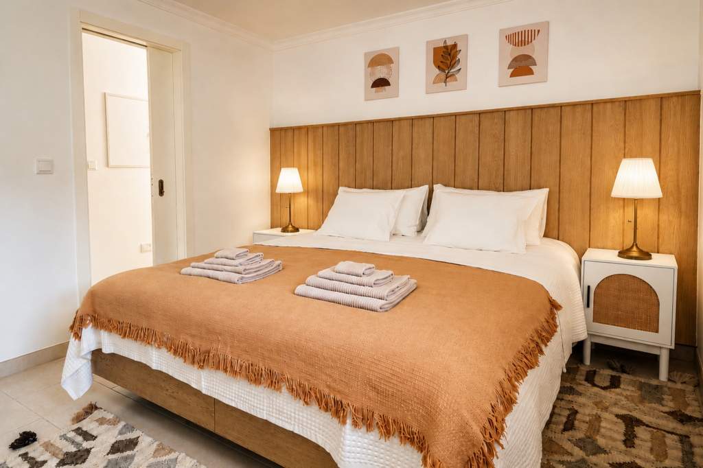 Bright double bedroom with king-size bed, wooden headboard and ensuite at Peregrinus Rio de Frades country house in Arouca.