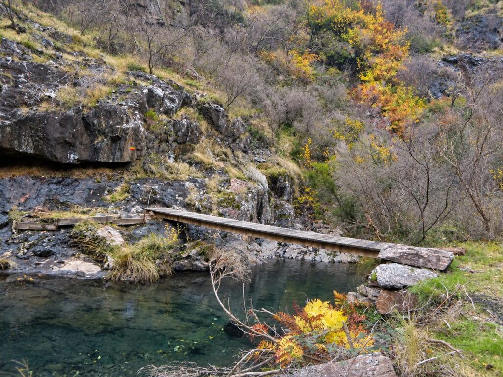 Wooden footbridge over a mountain stream in Fuste on the PR8 Black Gold Route, Arouca